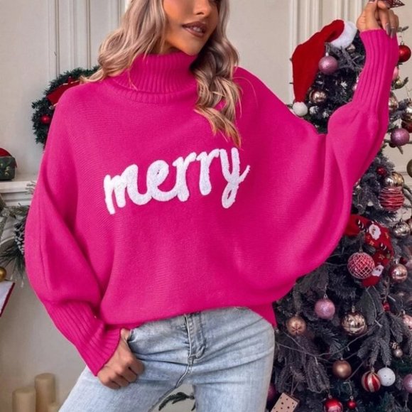 Holiday Turtleneck Dolman Sleeve knit Sweater top Pink - Picture 2 of 7